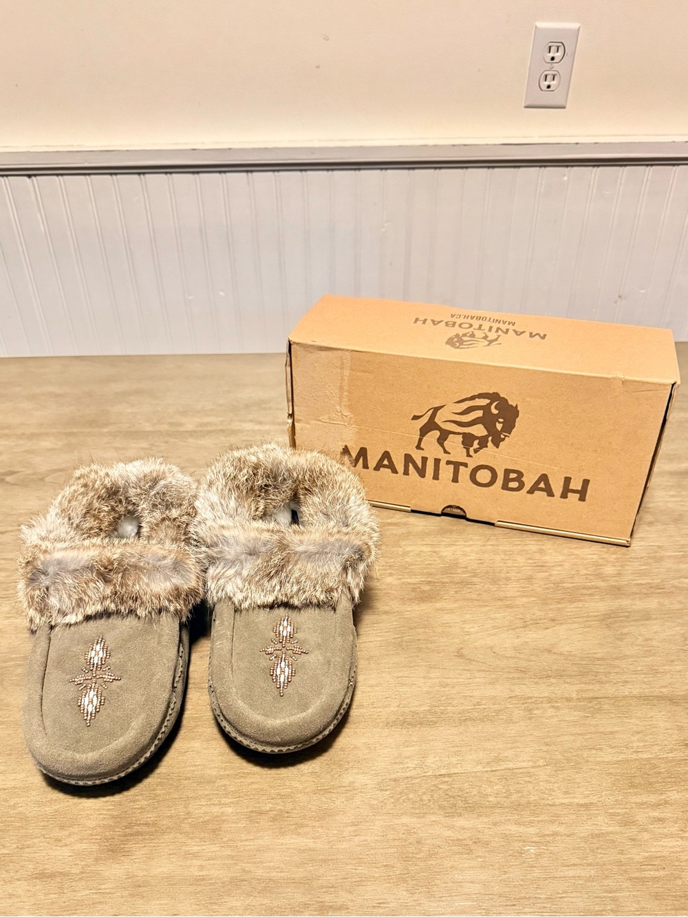 MANITOBAH “WALKING IN TWO WORLDS” BEADED GENUINE SUEDE & FUR MOCCASINS